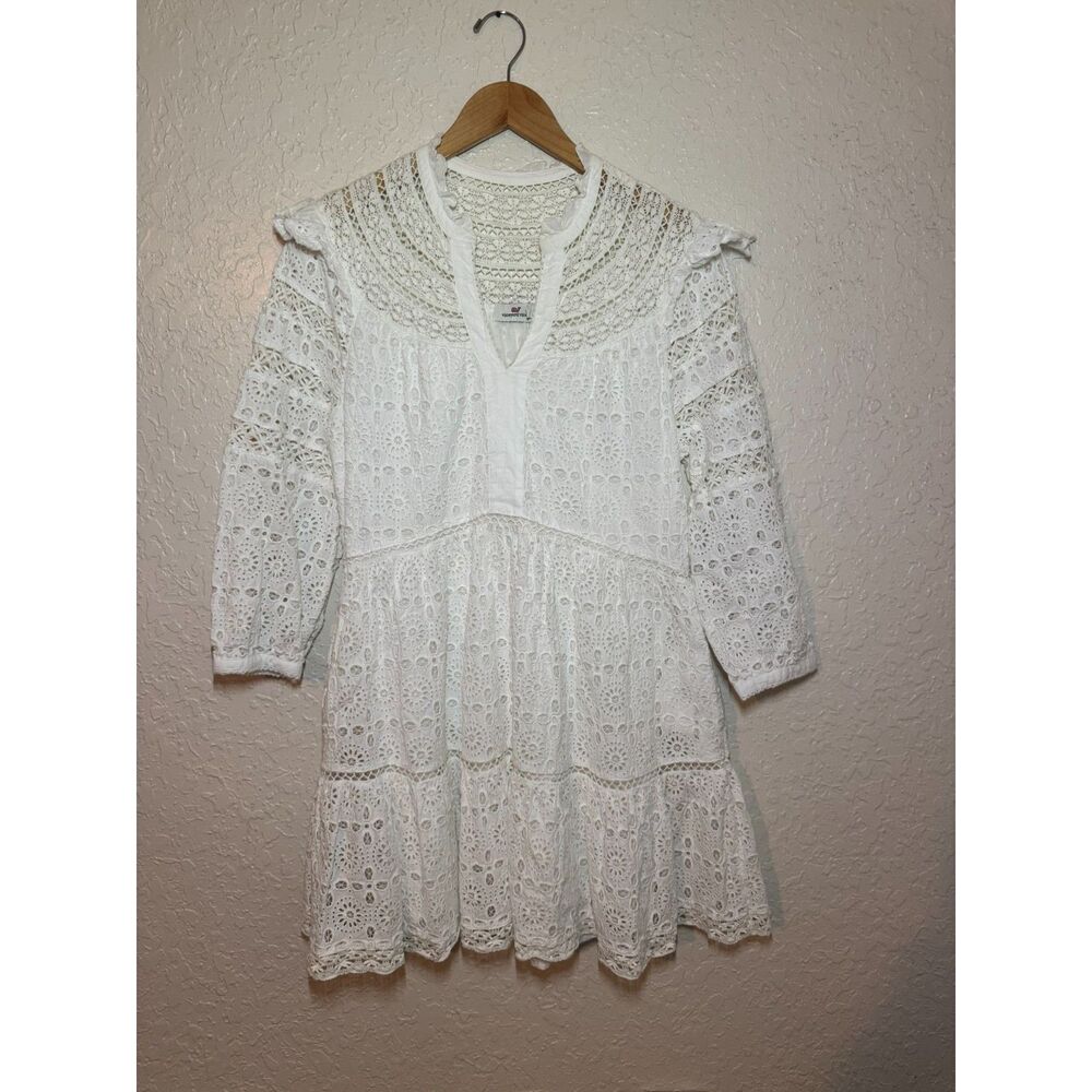 Vineyard Vines White Lace Tiered Eyelet Ruffle Mini Dress Medium 100% Cotton